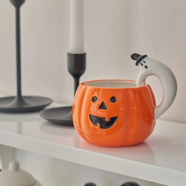 Ceramic Ghost Handle Pumpkin Mug