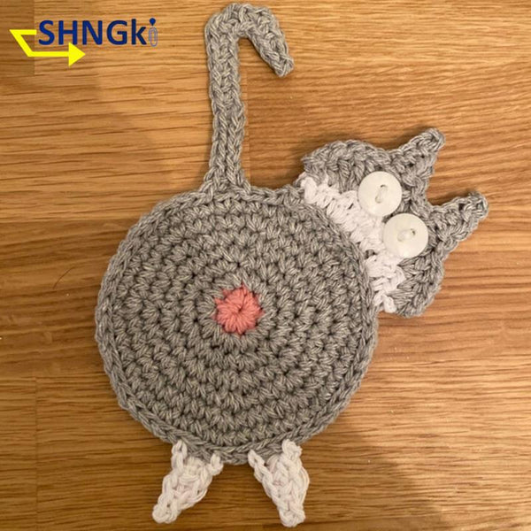 Knitted Cat Shape Cup Coaster Cute Animal Coffee Mug Table Mat Placemat Heat Insulation Cat Butt Dining Mat Kitchen Accessories