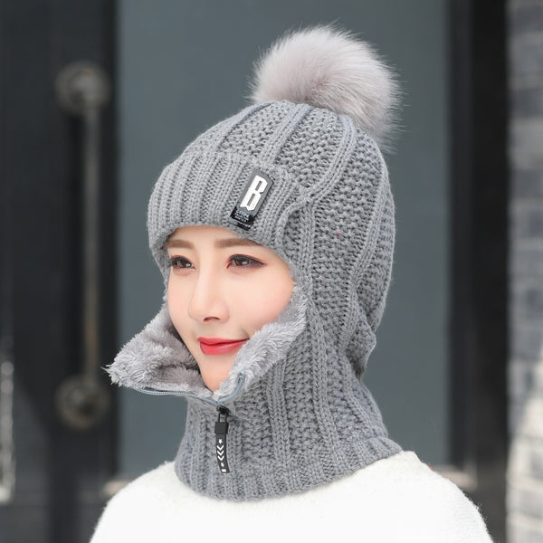 Wool Thick Knitted Beanie With Face Covering