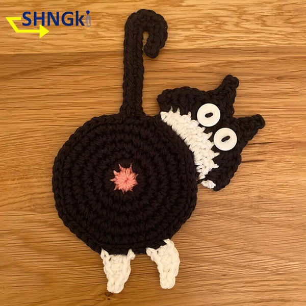 Knitted Cat Shape Cup Coaster Cute Animal Coffee Mug Table Mat Placemat Heat Insulation Cat Butt Dining Mat Kitchen Accessories