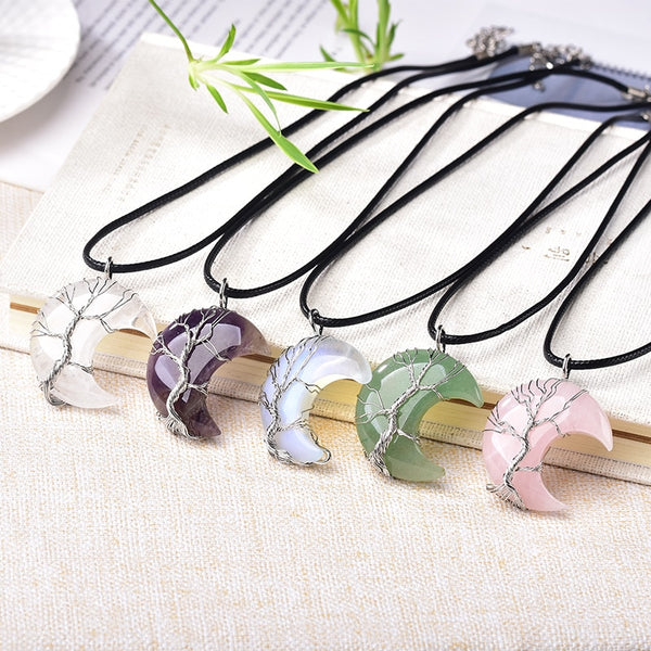 Tree Of Life Moon Shape Natural Stone Necklace