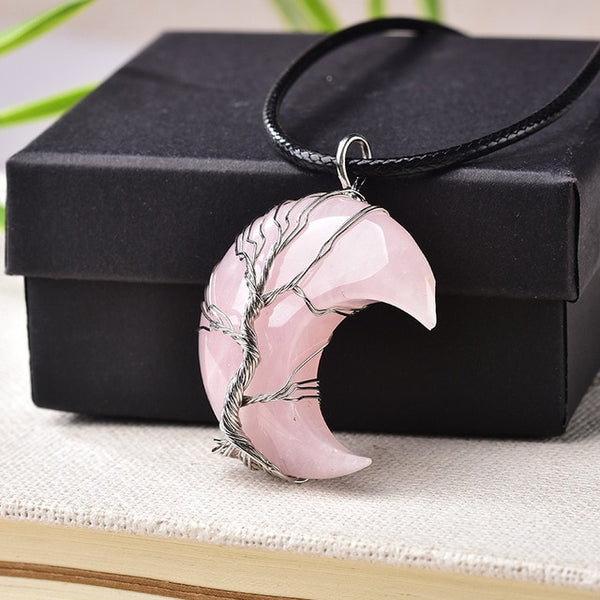 Tree Of Life Moon Shape Natural Stone Necklace